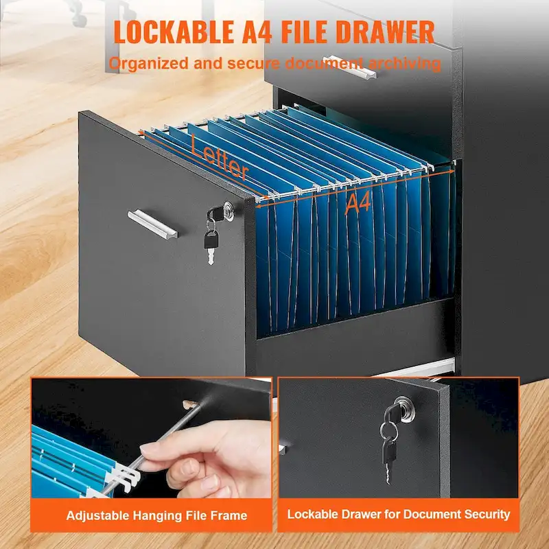 3-Drawer Locking Filing Cabinet with 5 Swivel Wheels and Adjustable File Hangers