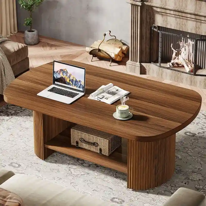 45.2 Inch Wood Coffee Table, Center Table with 2 Tier Shelves