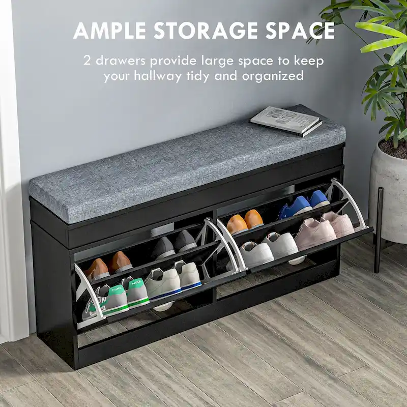 Shoe Rack Bench with Cushion, 2 Drawers and Adjustable Shelf