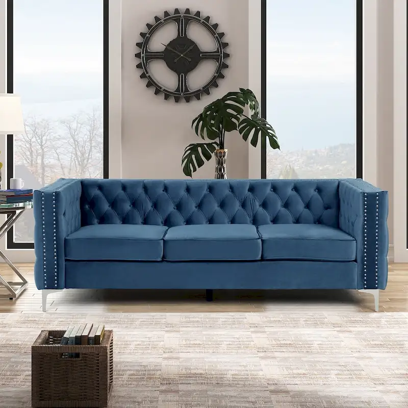 Dutch Velvet Button-Tufted Sofa, Blue/Grey/Beige, Nailhead Trim, Iron Legs, Seats 3