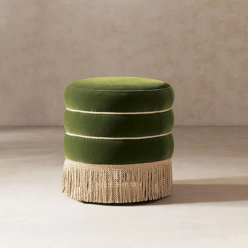 Edward 17.5 Round Upholstered Ottoman with Gold Bullion Fringe