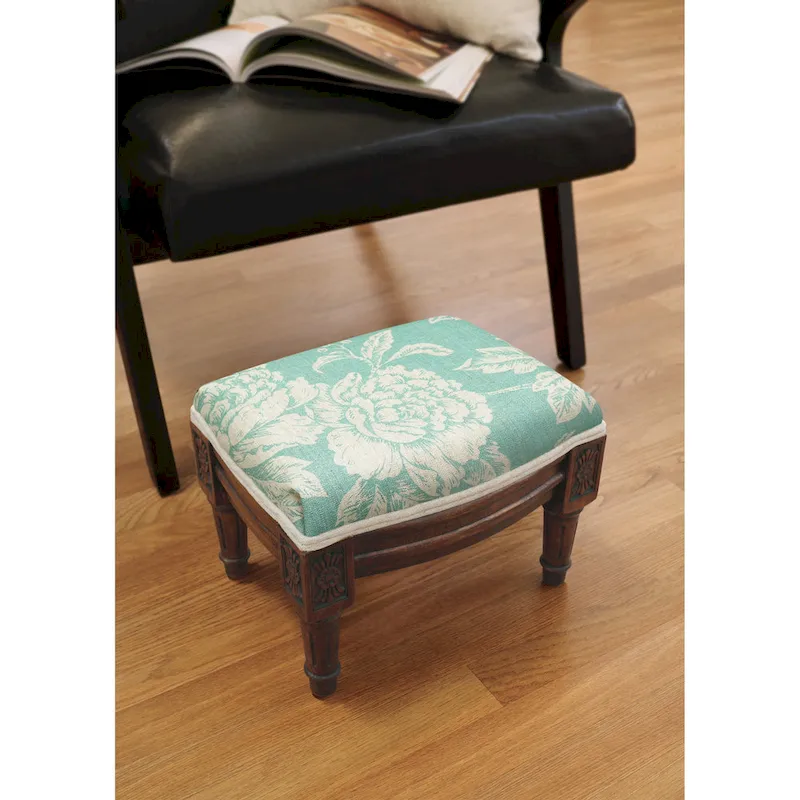 Aqua Peony Footstool with wood stained finish