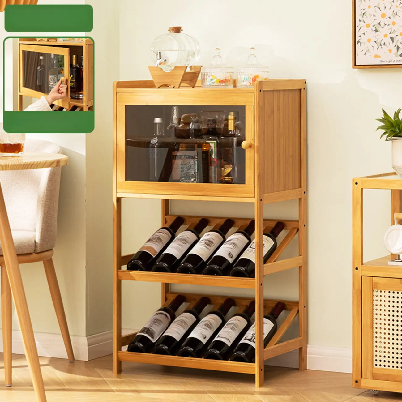 Rustic Freestanding Natural Wooden Wine Rack Cabinet