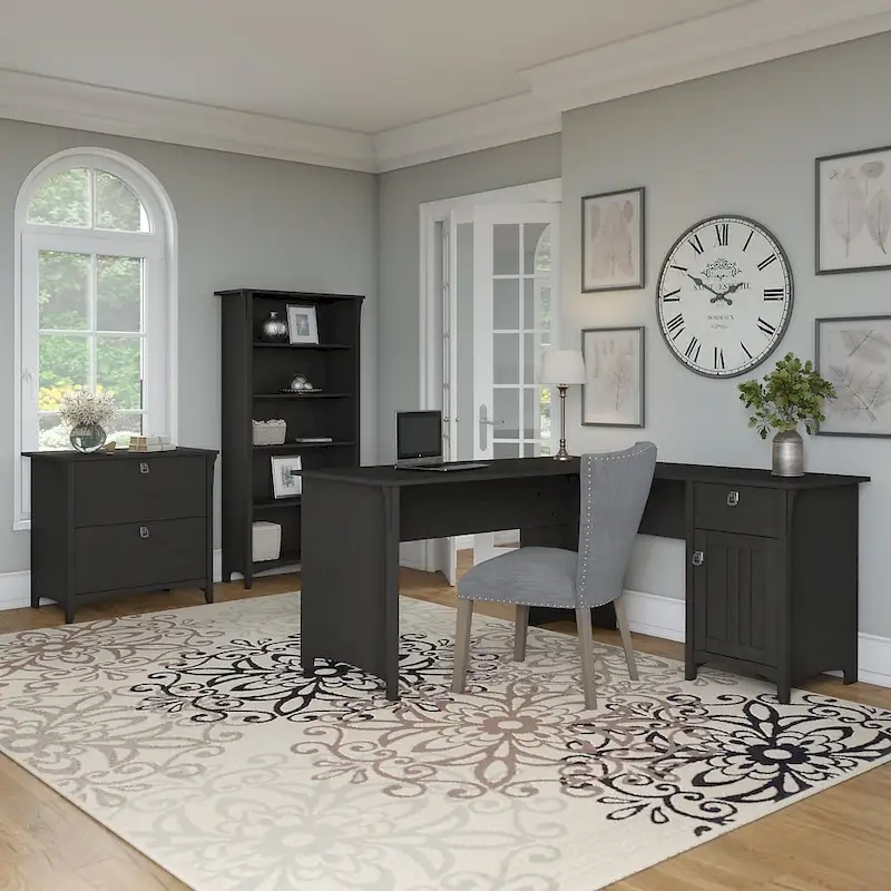 L-shaped Desk with Lateral File Cabinet and Bookcase in Vintage Black