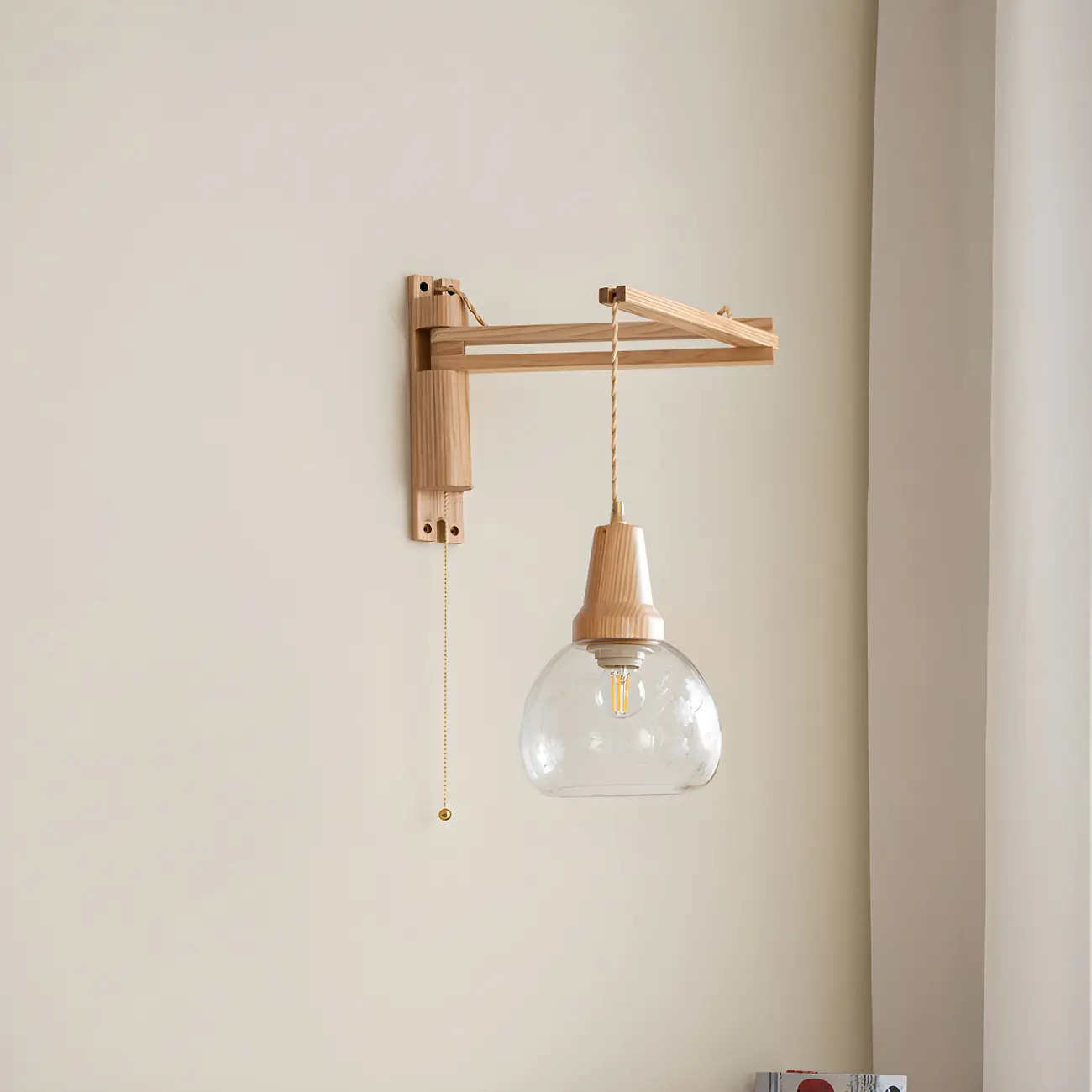 Rustic Wood Clear Glass Swing Arm Wall Light