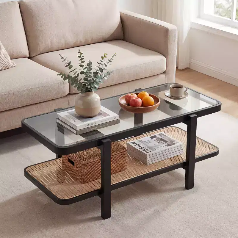2-Tier Rustic Coffee Table with Storage Tempered Glass Tabletop PE Rattan Shelf Brown & Natural/Brown/Black