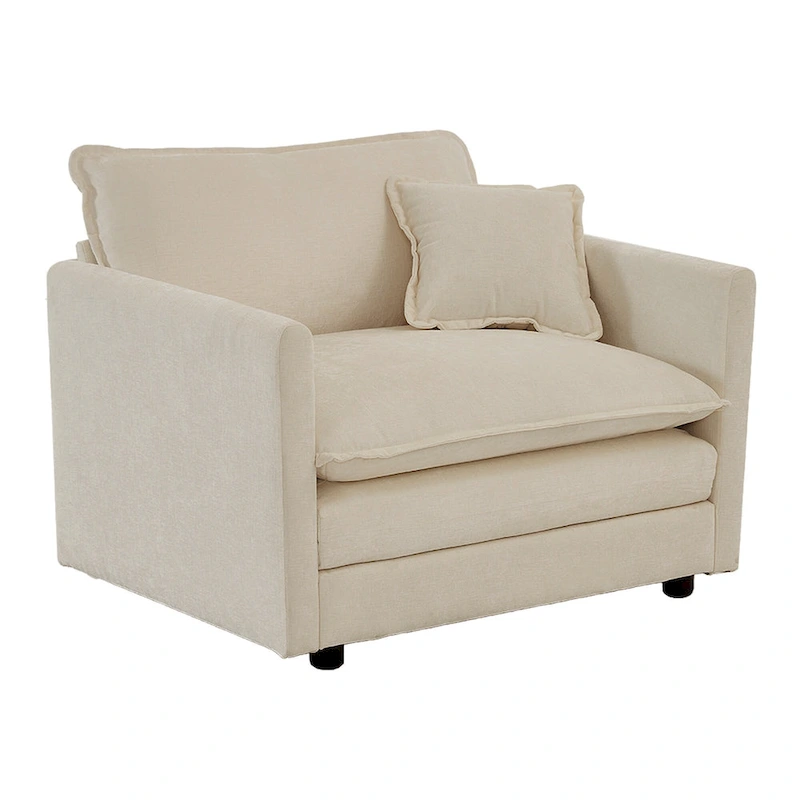 Beige Chenille Single Sofa with Ottoman and Double Cushion Seat