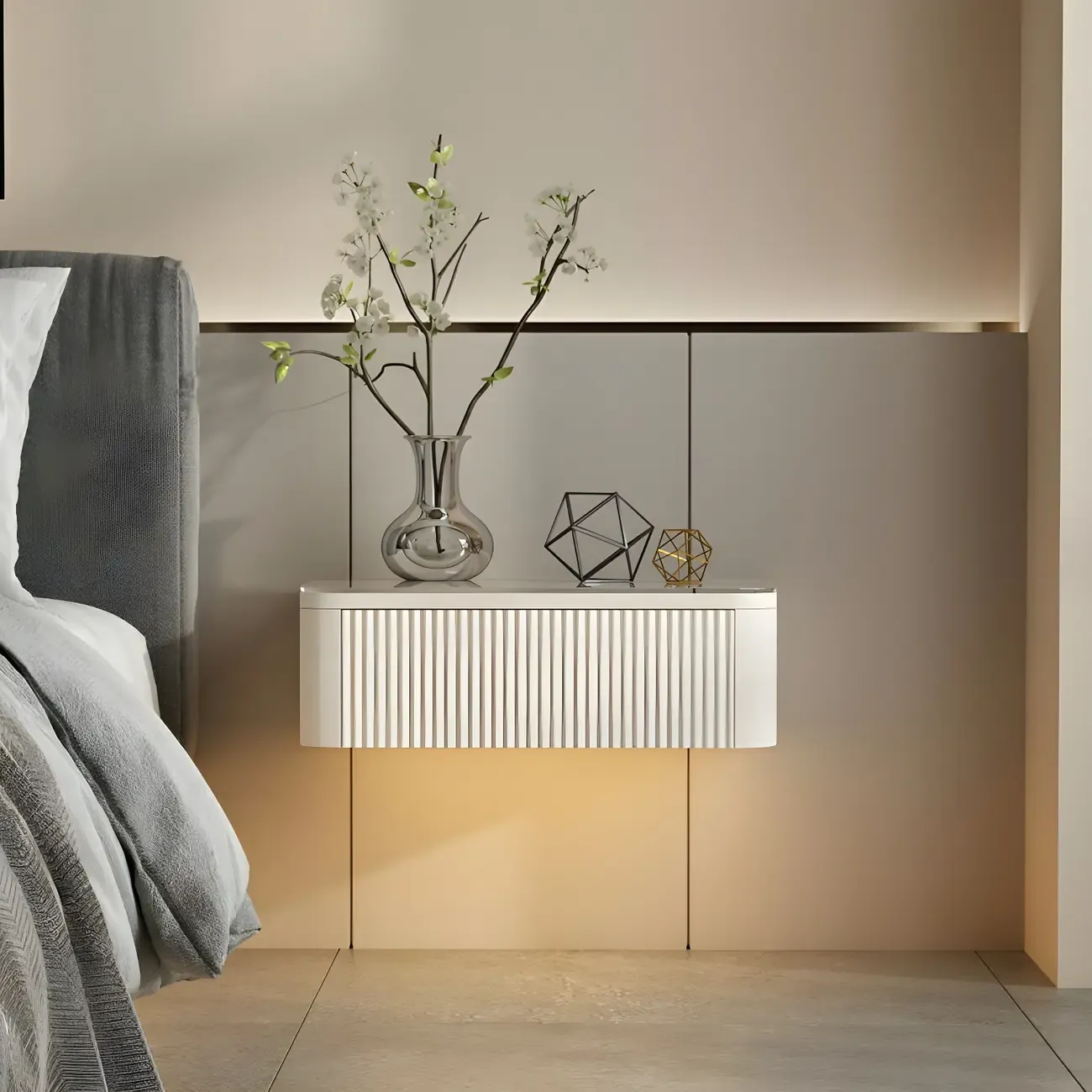 Modern Grey Wood Floating Nightstand with Glass Top