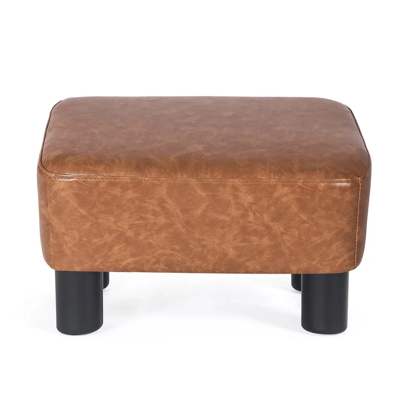 Rectangular PU Leather Footstool, Grey/Dark Grey/Brown, Wood Legs, Seats 1