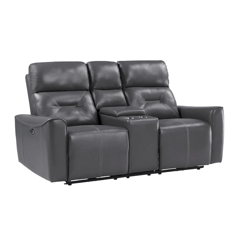 Well 73 Inch Power Double Recliner Loveseat, Dark Gray Faux Leather, Wood