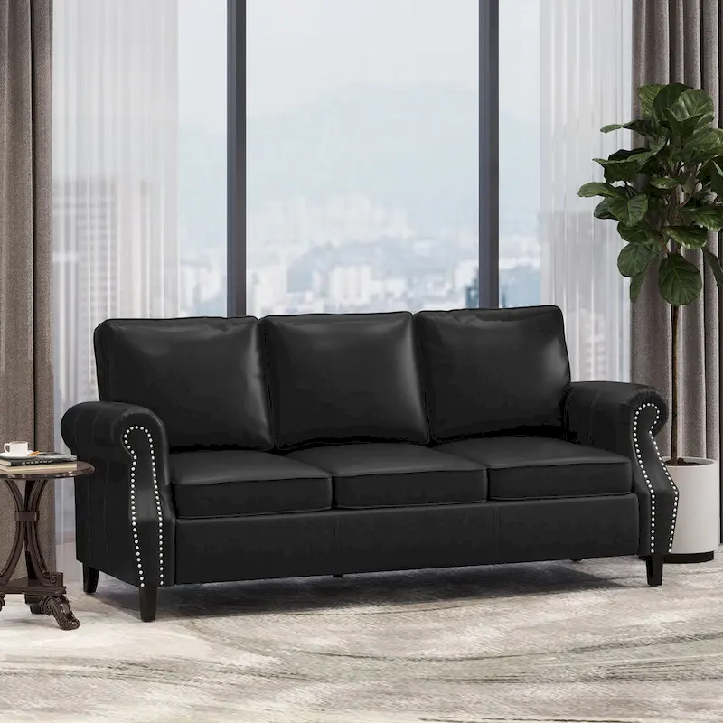 80 Modern Faux Leather 3-Seater Sofa with Birch Legs and Nailheads