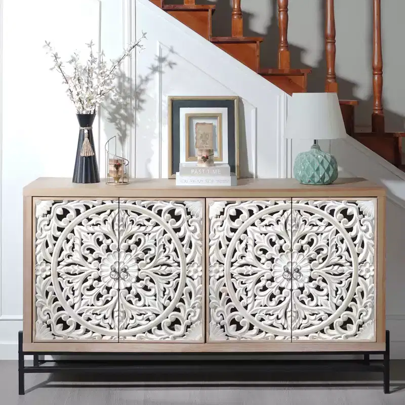 GDFStudio Eni Vintage 59'' Storage Cabinet with 4 Carved Wood Doors and 2 Shelves