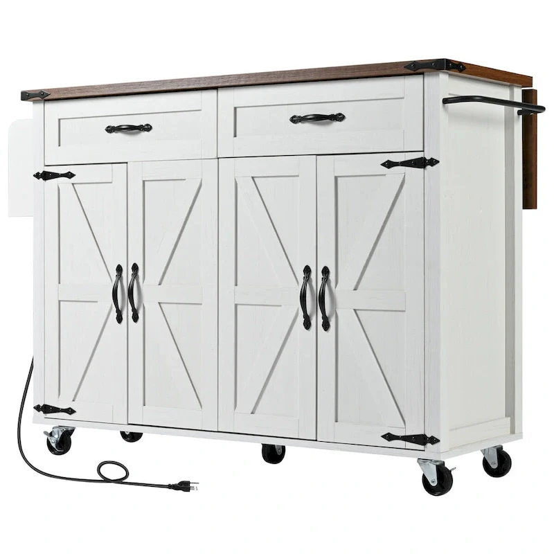 53.5 in. W Farmhouse Rolling Kitchen Island Cart with Drop Leaf and Power Outlet