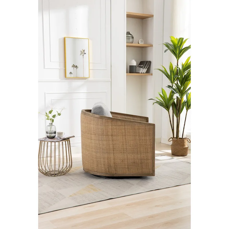 Swivel Barrel Chair, Comfy Round Accent Chair, 360 Degree Swivel Barrel Club Chair, Leisure Arm Chair with Rattan Woven Frame