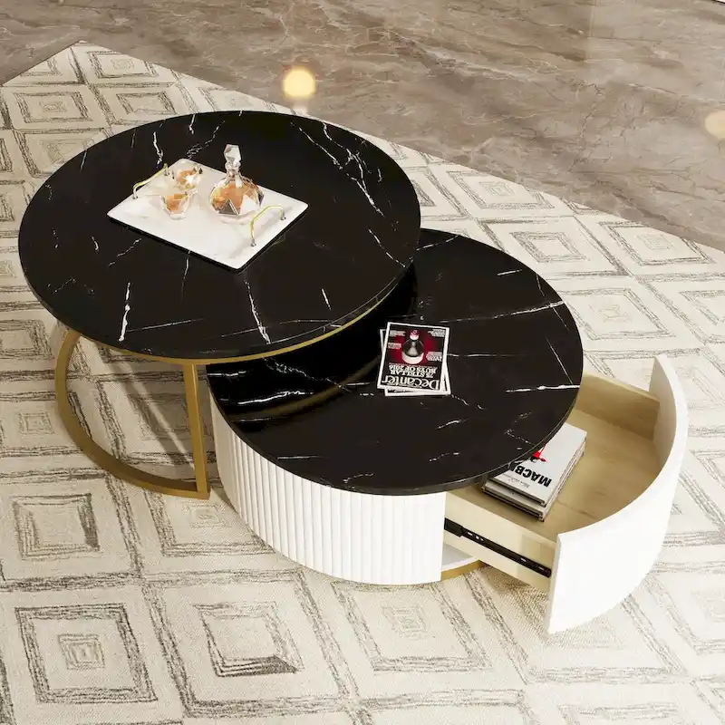 Modern Round Nesting Coffee Table Fluted with Drawer