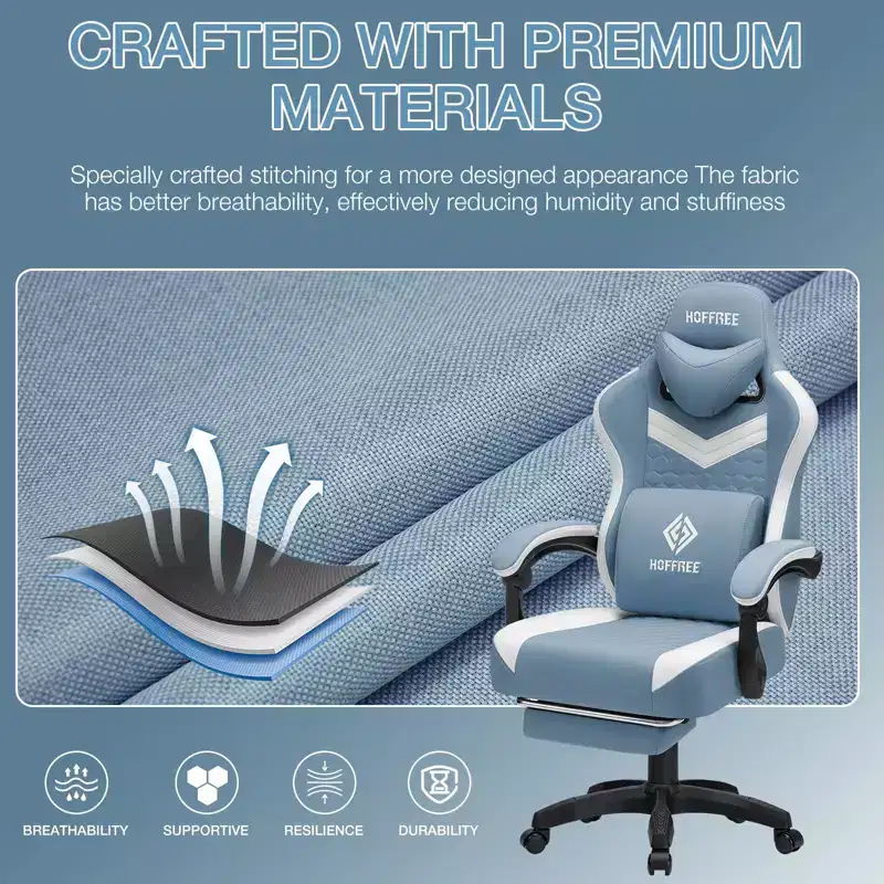 Hoffree Breathable Fabric Massage Gaming Chair Ergonomic Office PC Chair with Footrest & Adjustable
