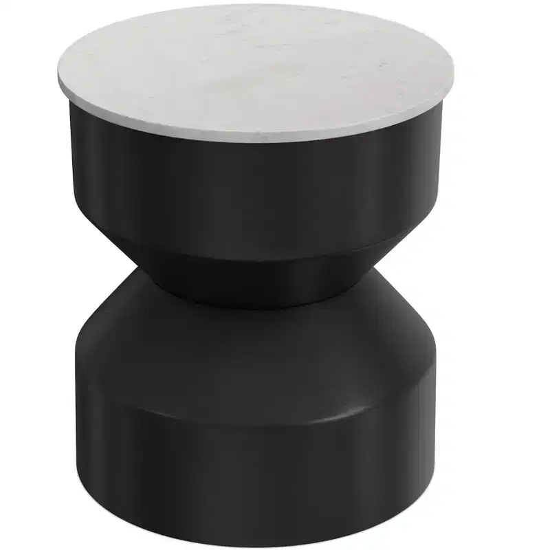 16 inch Wide Genuine Marble Top Modern Metal End Table in Black/White, Assembled
