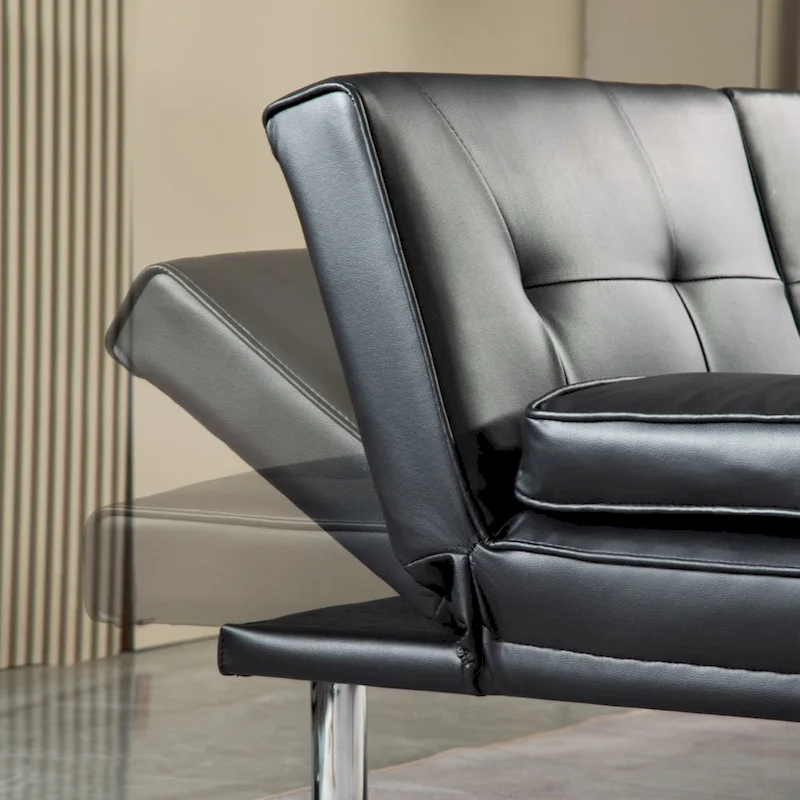 PU Upholstered Modern Convertible Folding Futon Sofa Bed Removable Armrests, Metal Legs, with 2 Cupholders