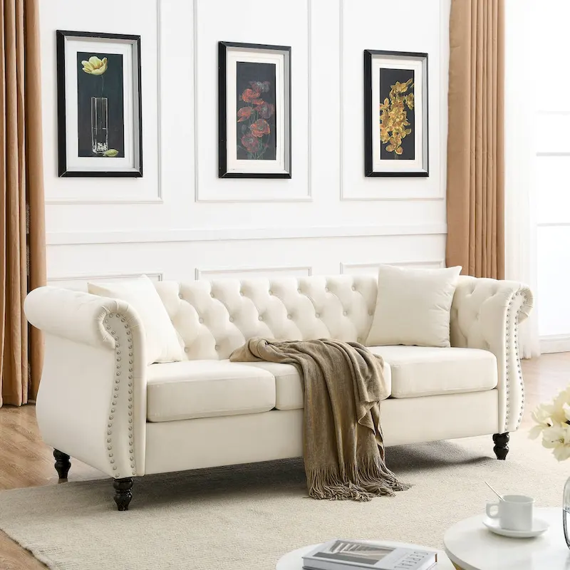 3-Seater Chesterfield Upholstered Tufted Sofa with Rolled Arms and Nailhead
