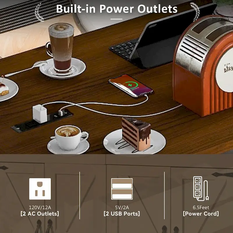 Farmhouse kitchen island with electrical outlets and drop-leaf panels