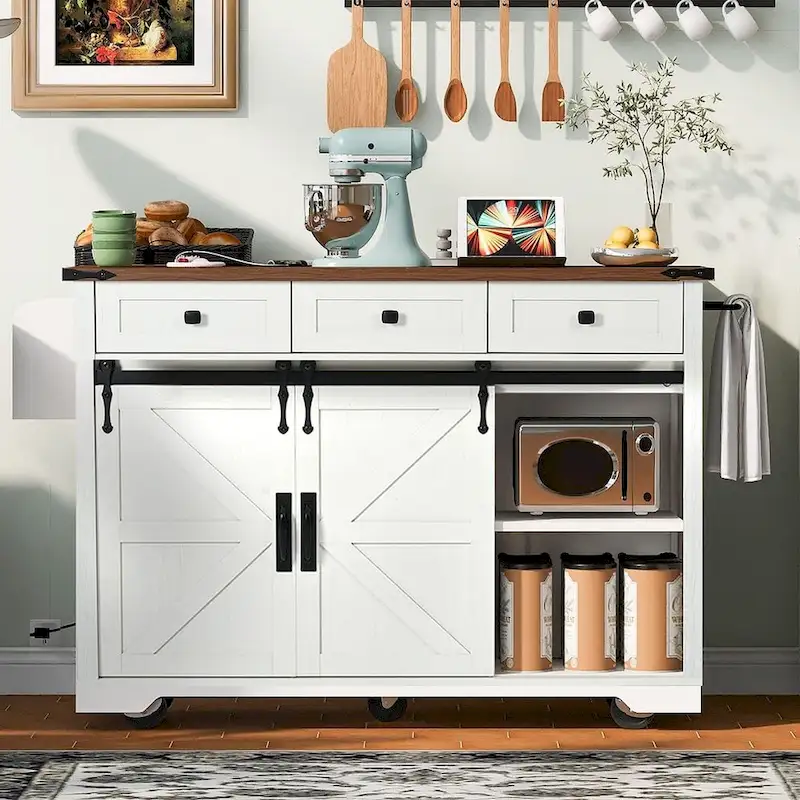 Farmhouse Kitchen Island Cart with Wheels, Power Outlet