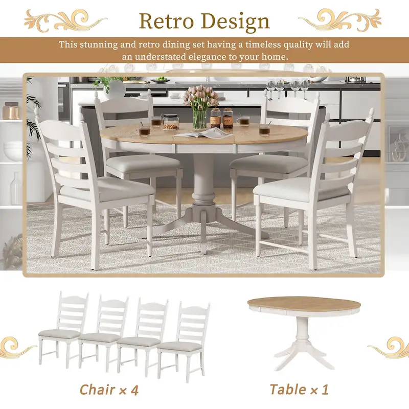5 Piece Round Dining Table Set, Solid Wood Kitchen Table and Chair Set with Extendable Table and 4 Upholstered Chairs