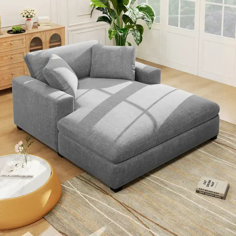 Oversized Chaise Lounge Sofa, Fabric & Solid Wood Legs, 53.5"W x 70.9"D, 550 lbs, Yellow/Grey/Beige