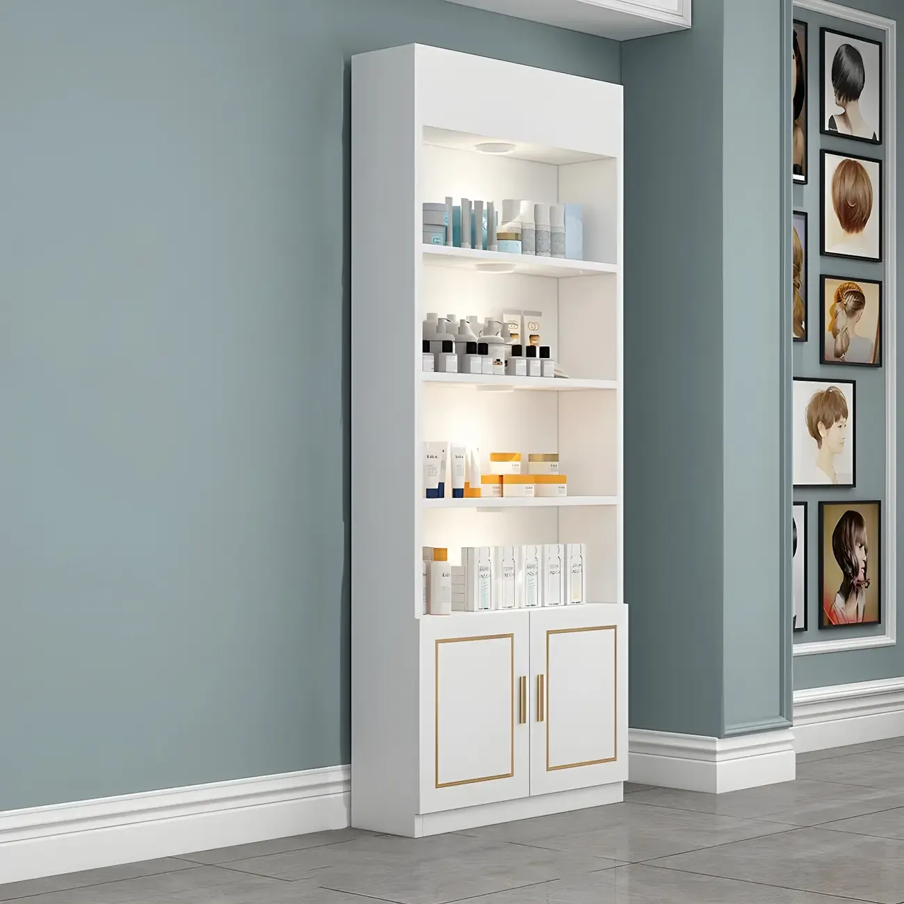 White Rectangle Large Wood Open Display Cabinet