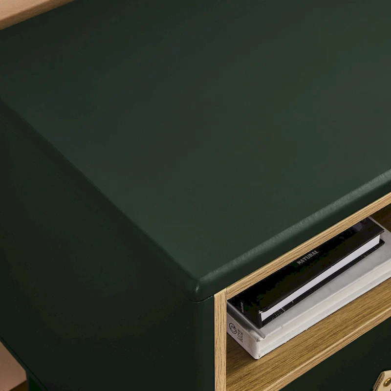 Nightstand - MDF & Solid Wood, 1 Drawer, Open Shelf, Leather Handles, 18.9W x 21.65H, Modern