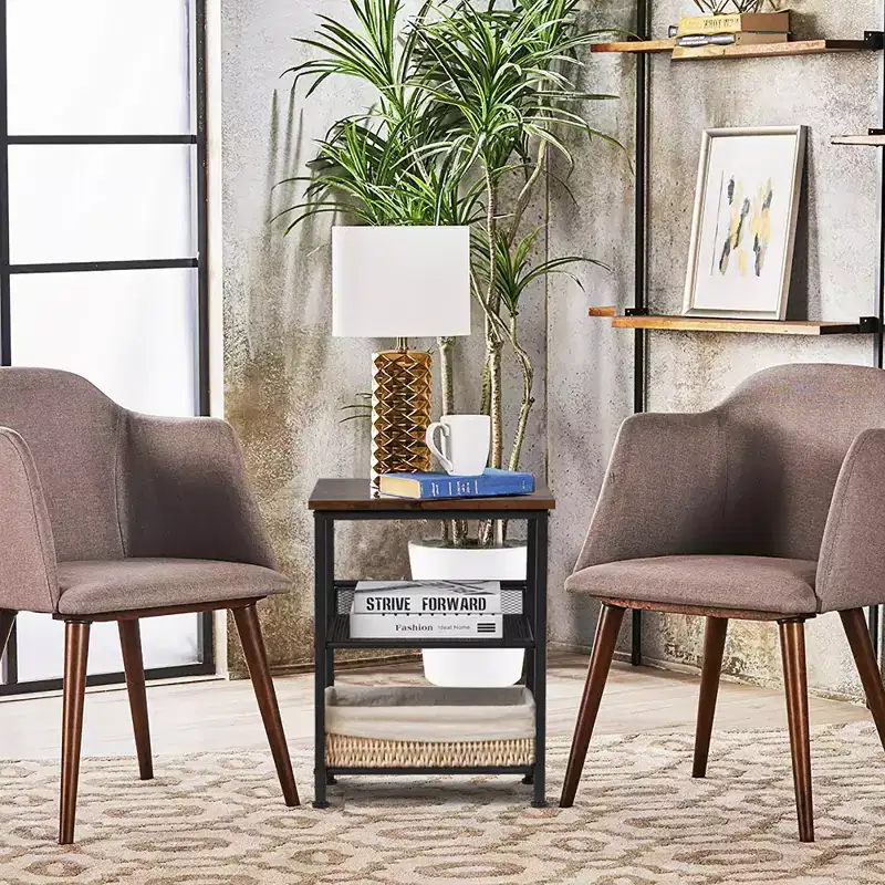 Costway 3-Tier Industrial End Side Table Nightstand W/2 Adjustable Shelves Rustic Brown