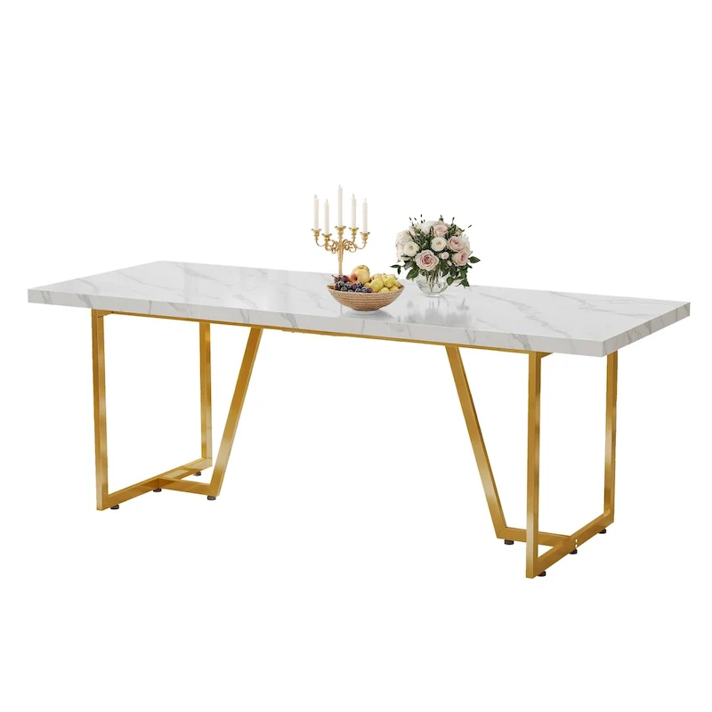 Moasis 82W Faux Marble Dining Table Rectangular Table for 8-10 People with Metal Legs