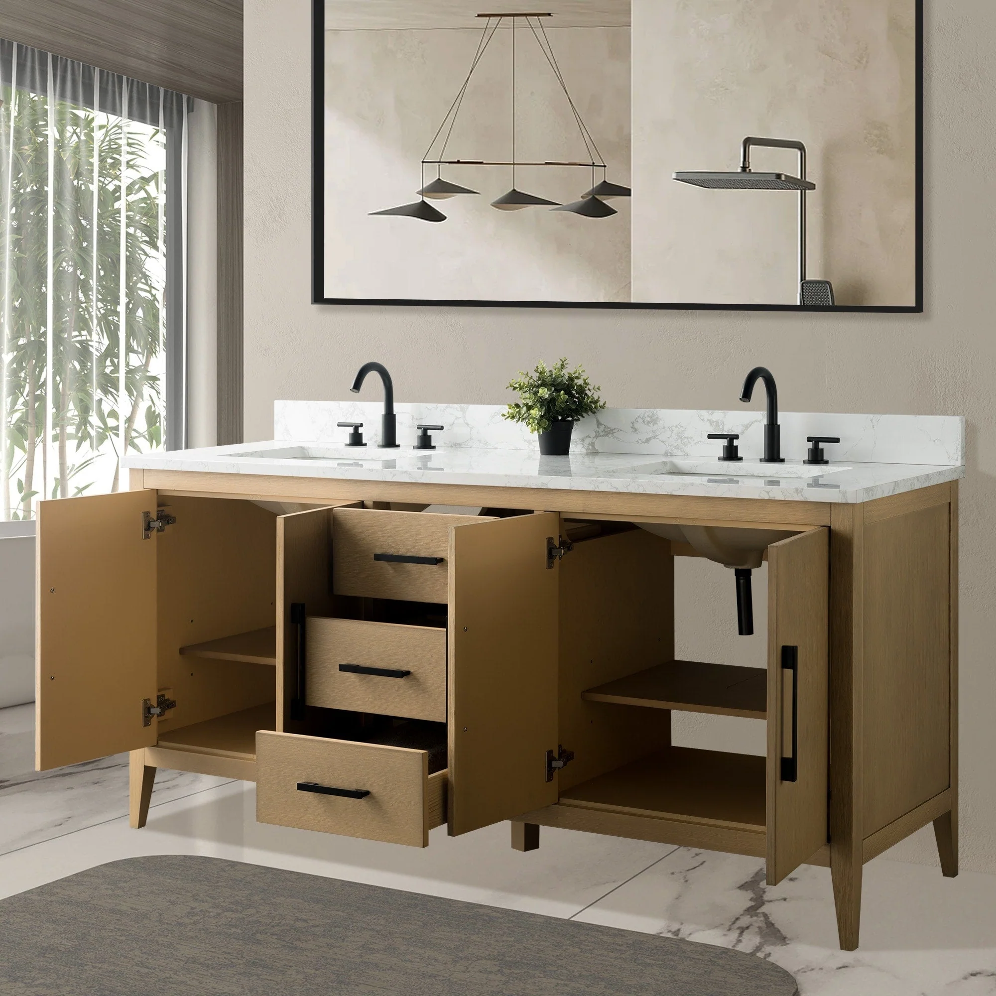 Vanity Art 72 Double Sink Bathroom Vanity Cabinet with Engineered Marble Top