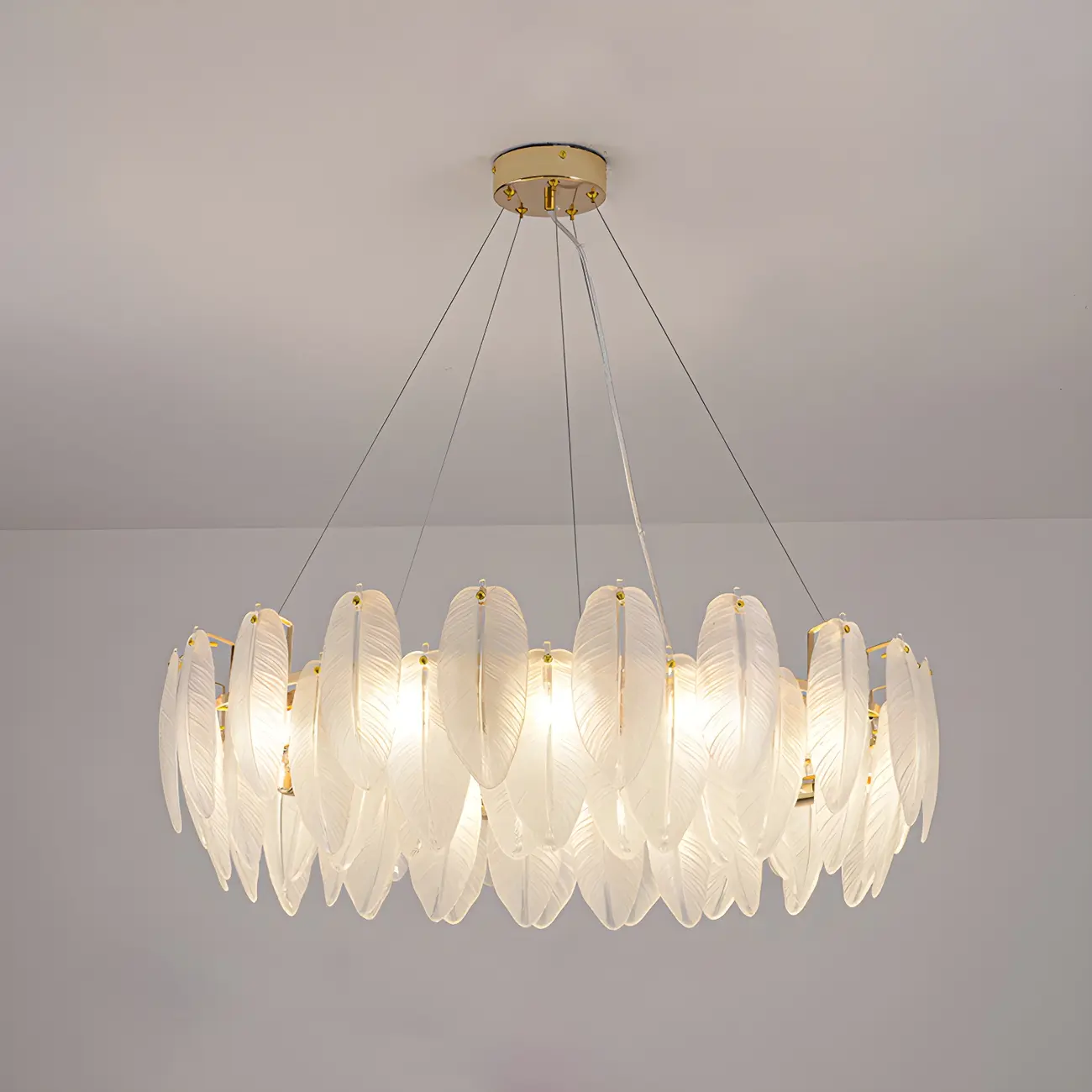 Elegant White Glass Feather Round Chandelier
