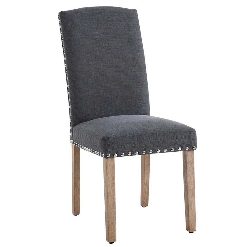 Set of 2 Gray Fabric Dining Chairs with Nailhead Trim