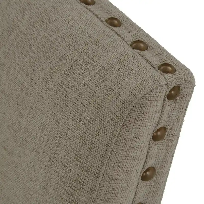 Tom 26 Inch Dining Armchair, Beige Polyester, Nailheads, Brown Solid Wood
