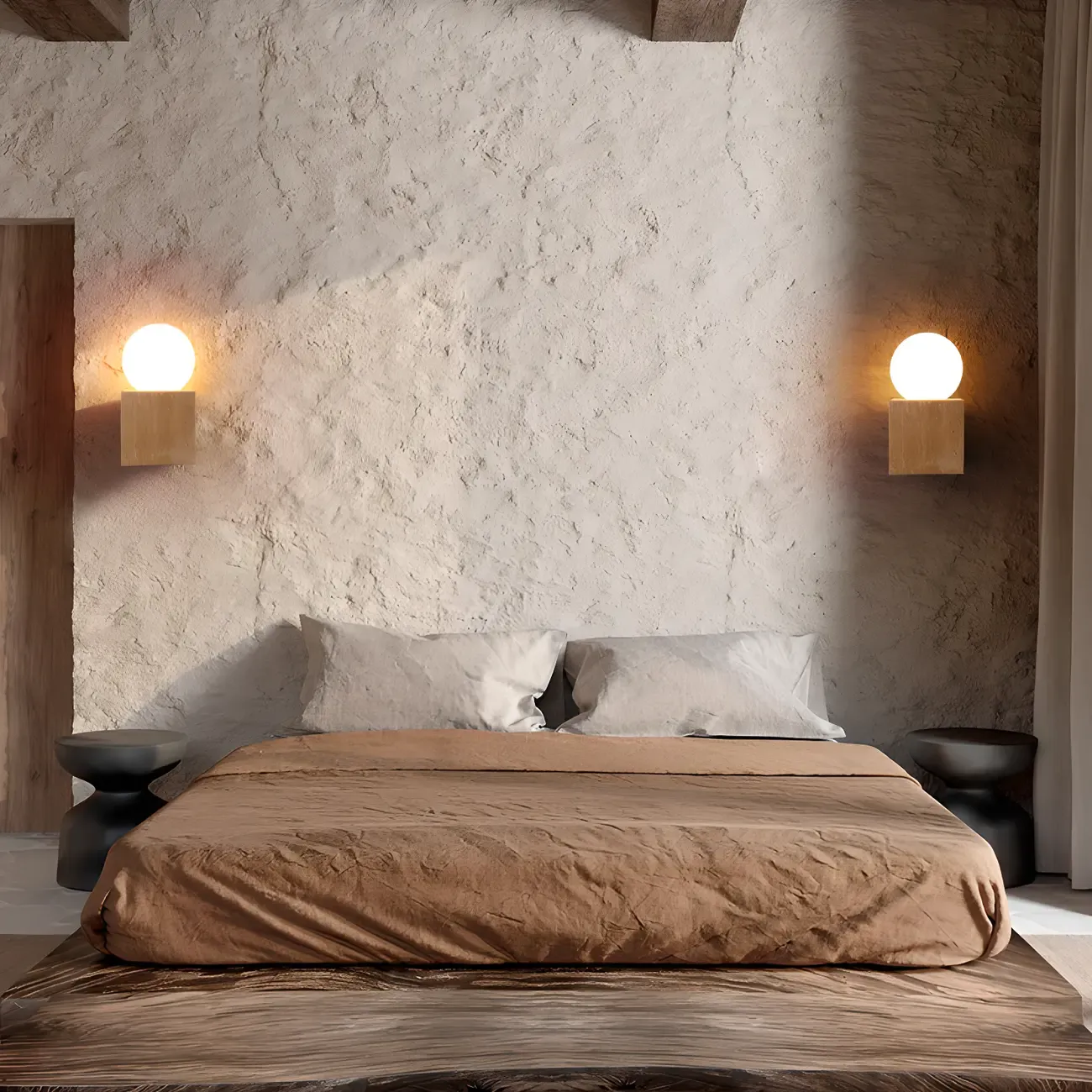 Modern Stone Beige Cube with Globe Wall Sconce