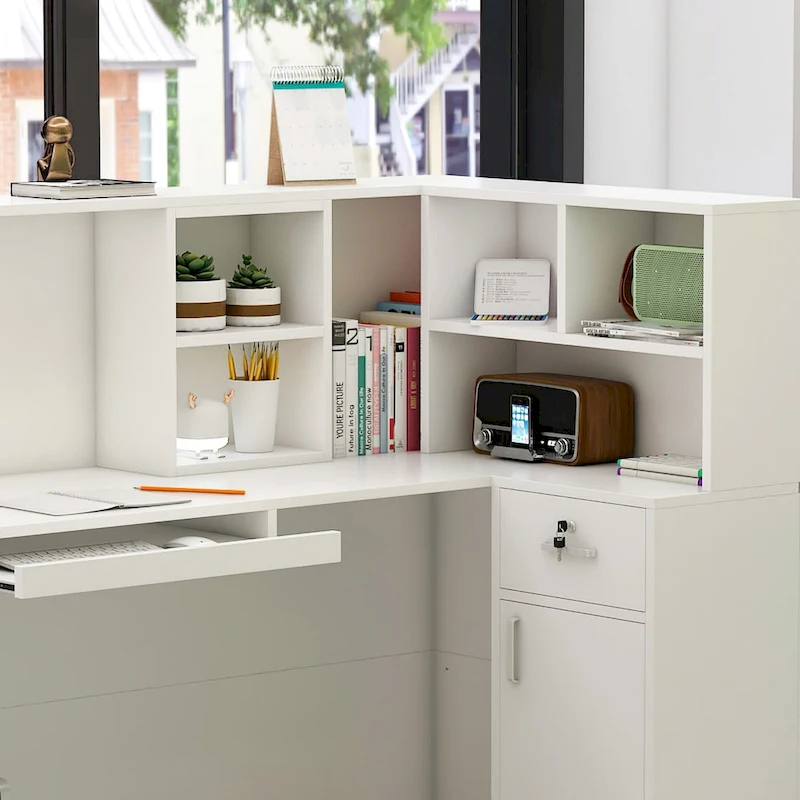 Timechee Reception Desk L-Shaped Counter Shelves Drawers Reception Table