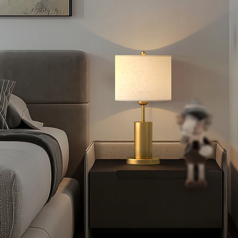 Plug-In Gold Metal Fabric Barrel-Shaped Table Lamp