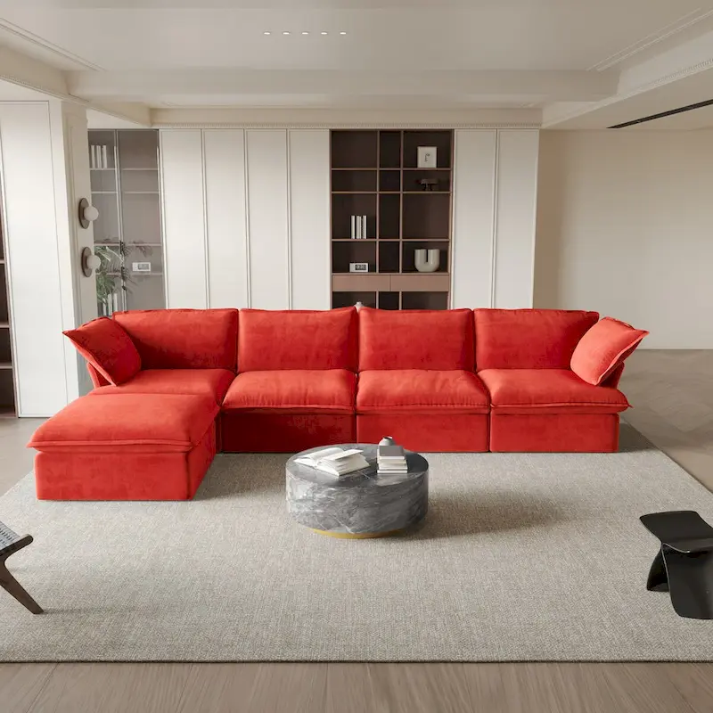 Modular Sectional Sofa Couch, 162.98 Velvet L-Shape Sofa with Ottoman