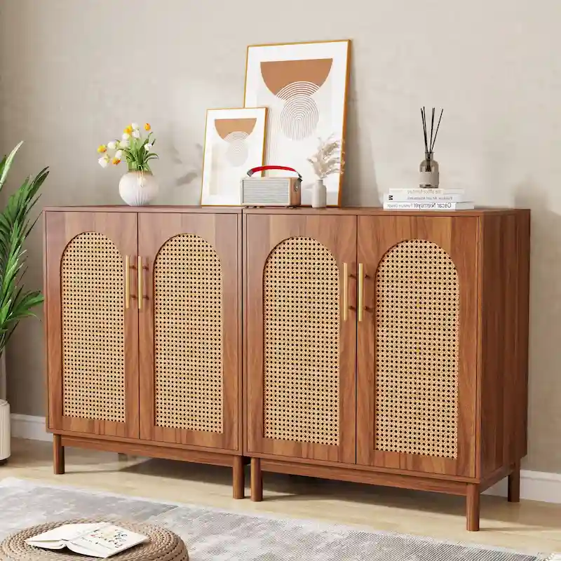 Set of 2 Rattan Sideboard, 59 Inch Buffet Cabinet with Doors, Accent Cabinet