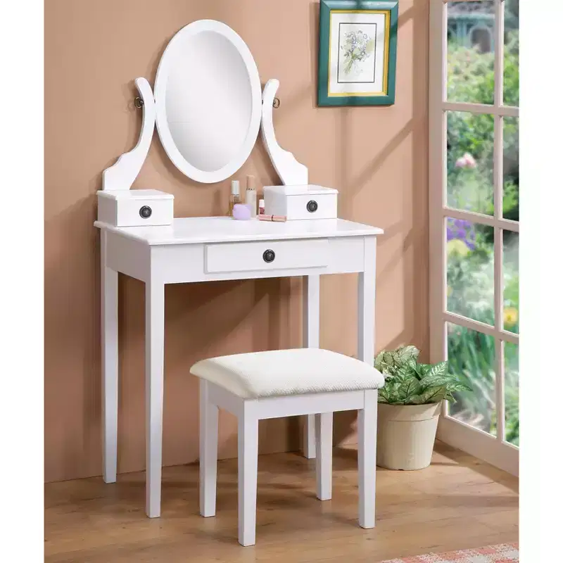 Moniya White Wood Vanity Table and Stool Set, White