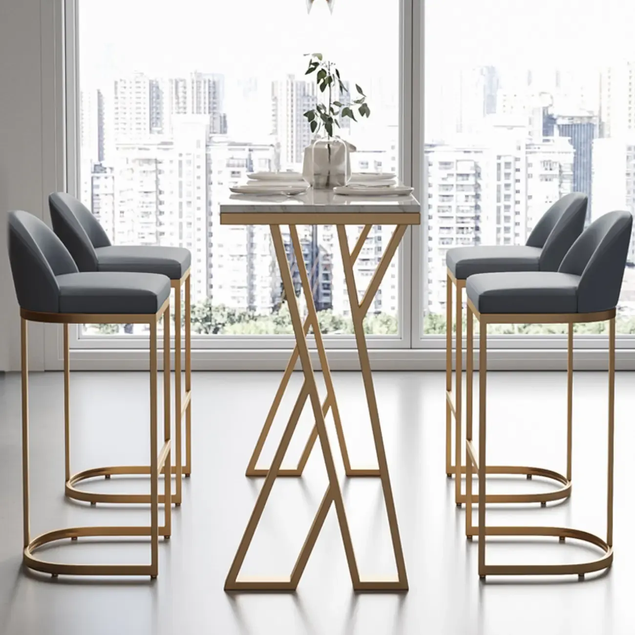 Glam Gold Metal Bar Tables with Faux Marble Top