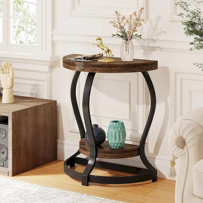 Half-Round End Table, 2-tier Wooden Half Moon Side Table Small Semi Circle Accent Table