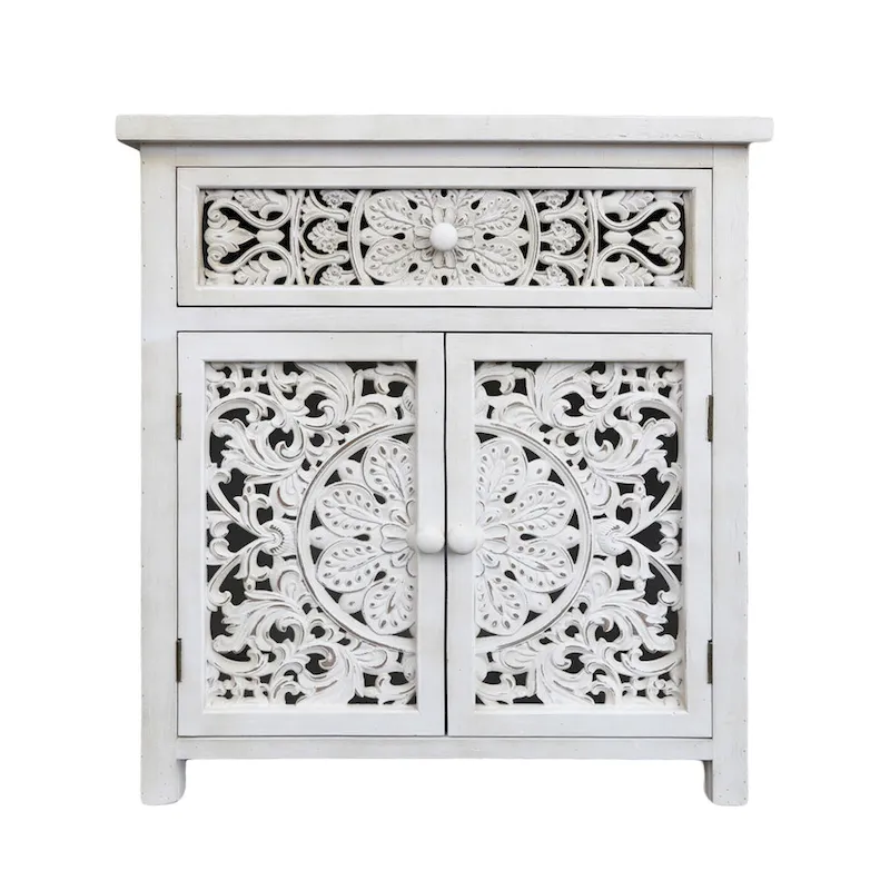 Rustic Hollow-Carved Wood Storage Cabinet with 1 Drawer and 2 Doors, Antique White, 31 H - 27.6 x 13.8 x 31