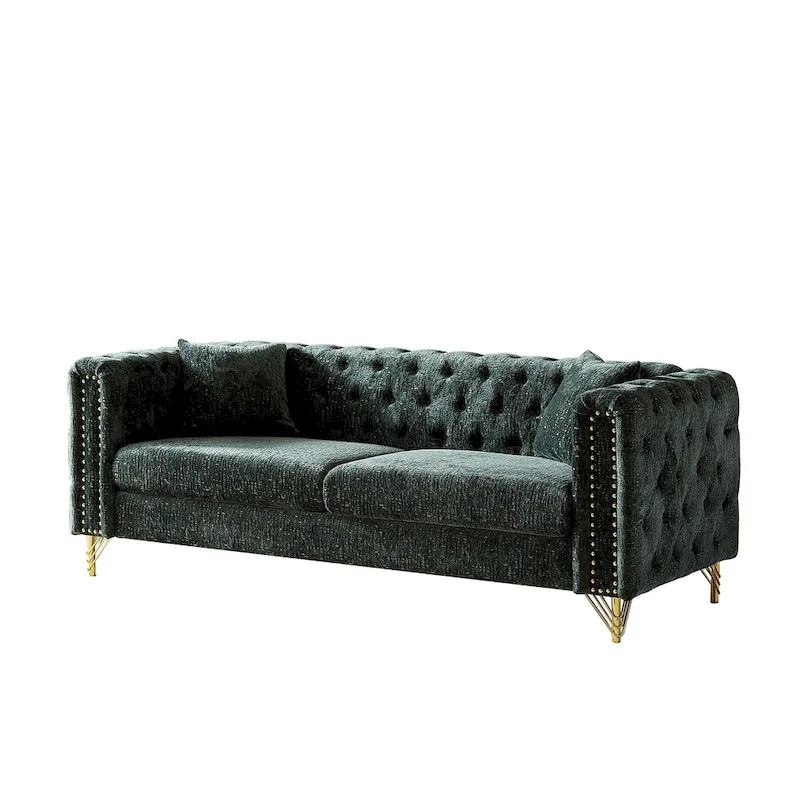 Green Chenille Tufted Upholstered 3-seater Sofa with Metal Legs