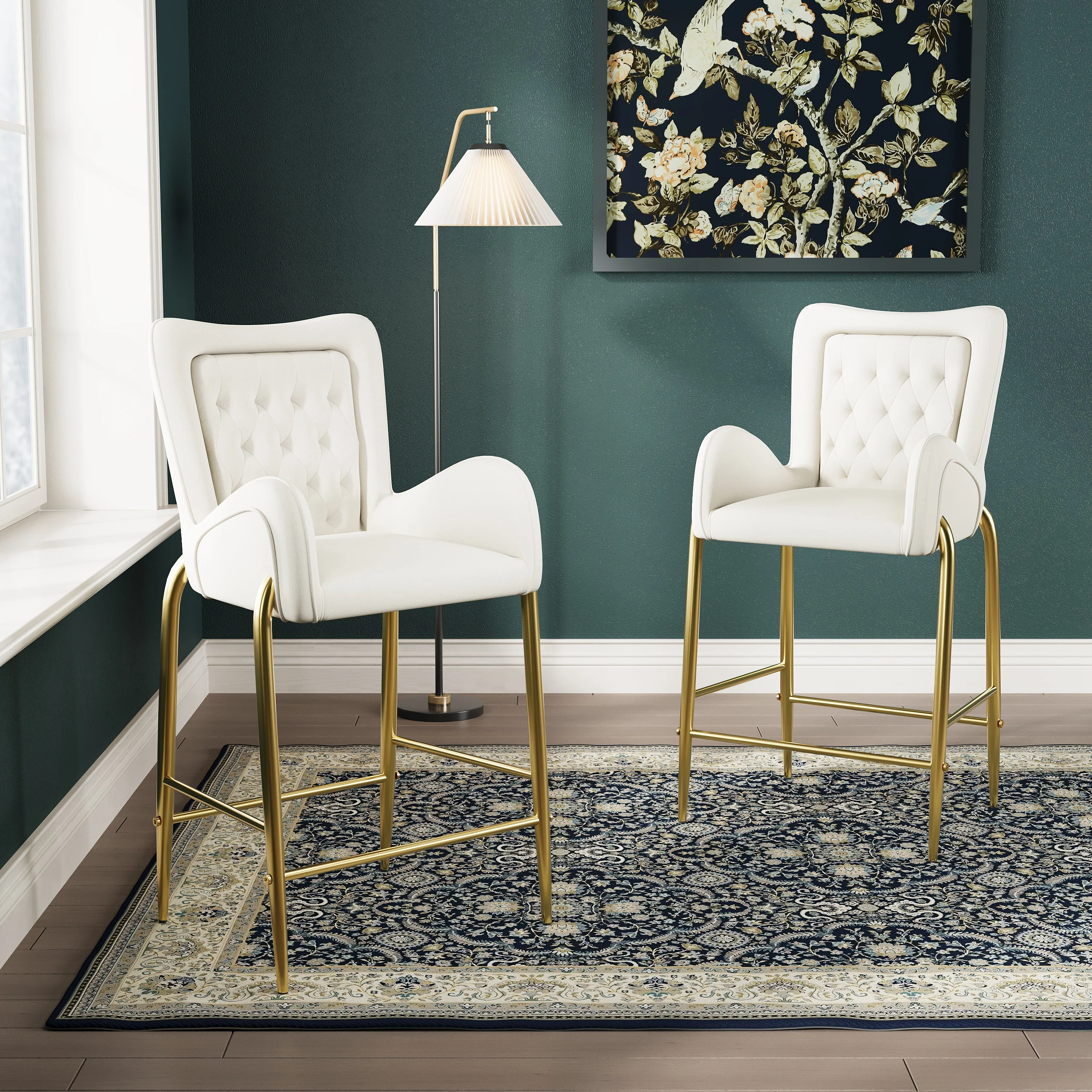 Set of 2 Velvet Counter Stools Tufted Bar Chairs Gold Frame