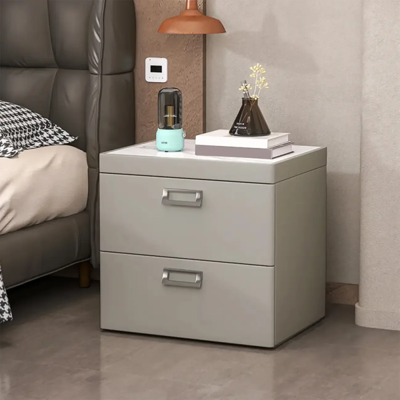 Modern Faux Leather 2 Drawers Nightstand with Stone Top