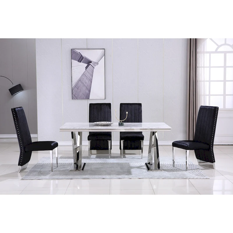Modern Channel High Back Dining Chairs with Nailhead Trims and Polished Metal Legs