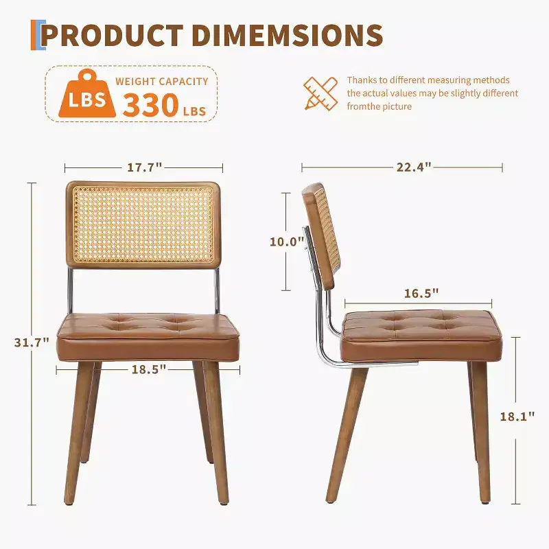 Modern Dining Chairs Set of 2, Upholstered Natural Rattan Kitchen Chairs Accent Chair, Armless Side Chairs with Upholstered Velvet Fabric