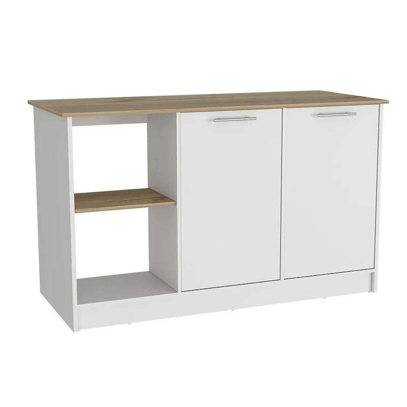 Kitchen Island, Four Open Shelves, Two Cabinets -Light Oak / White